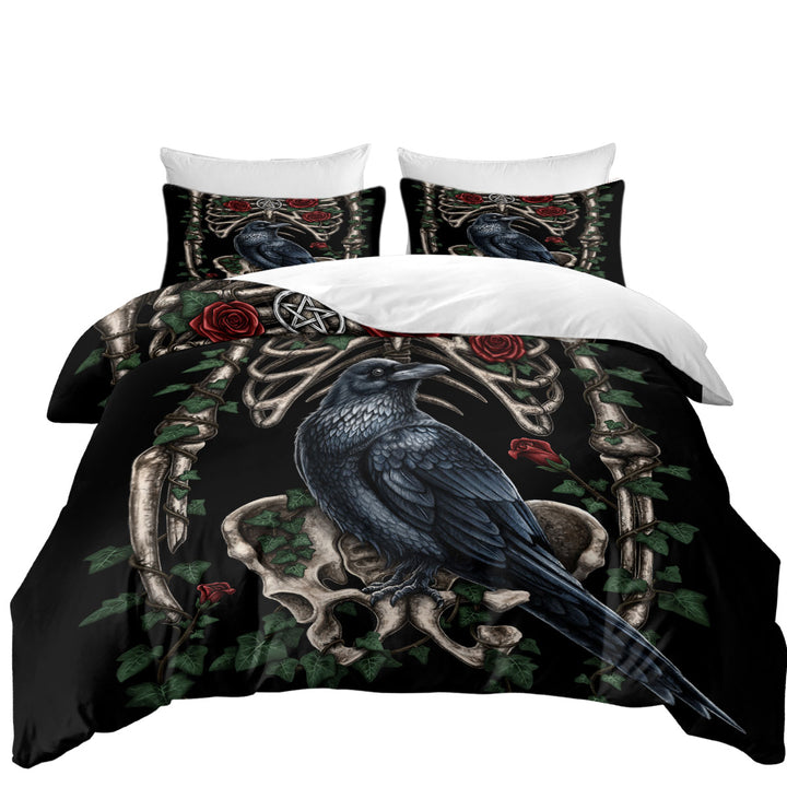 Dark Art Roses Human Skeleton and Crow Coverlet