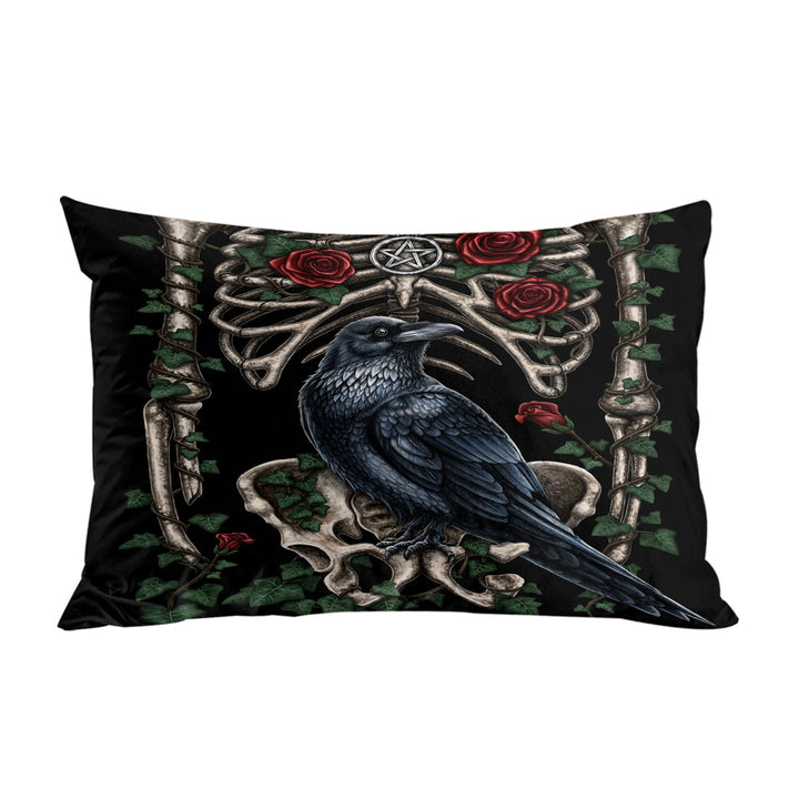 Dark Art Roses Human Skeleton and Crow Pillowcase