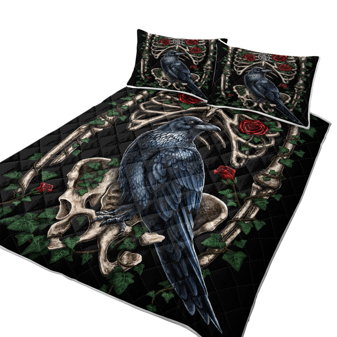 Dark Art Roses Human Skeleton and Crow Summer Quilt