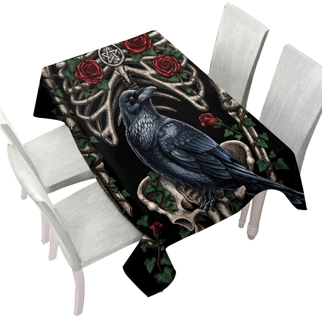 Dark Art Roses Human Skeleton and Crow Tablecloth