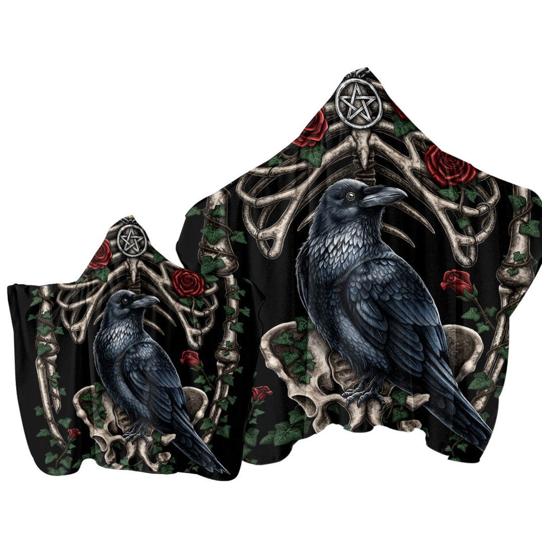 Dark Art Roses Human Skeleton and Crow Towel with Hood