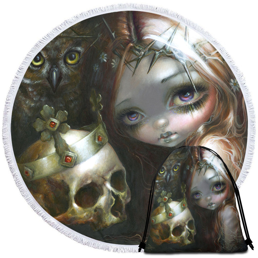 Dark Art Round Beach Towel with Empire of Dirt Girl and King Skull