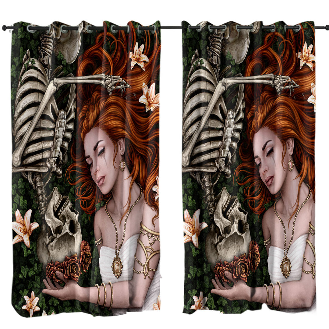 Dark Art Sad Love Story Redhead Woman and Skeleton Curtains