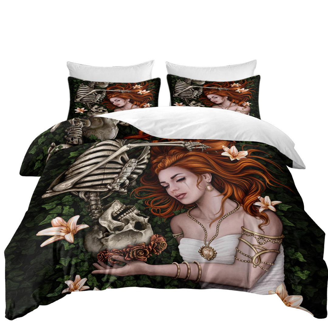 Dark Art Sad Love Story Redhead Woman and Skeleton Duvet Cover