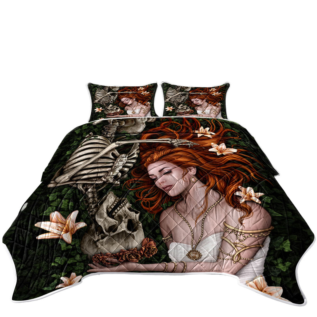 Dark Art Sad Love Story Redhead Woman and Skeleton Quilts