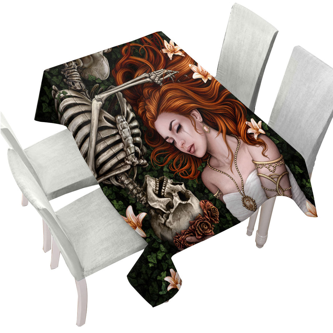 Dark Art Sad Love Story Redhead Woman and Skeleton Tablecloths