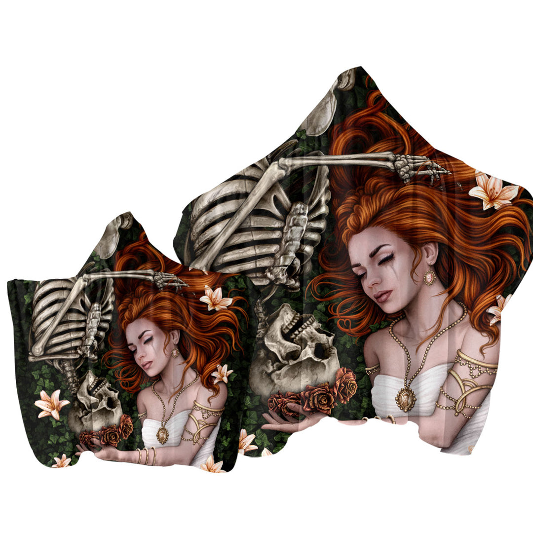 Dark Art Sad Love Story Redhead Woman and Skeleton Towel with Hood