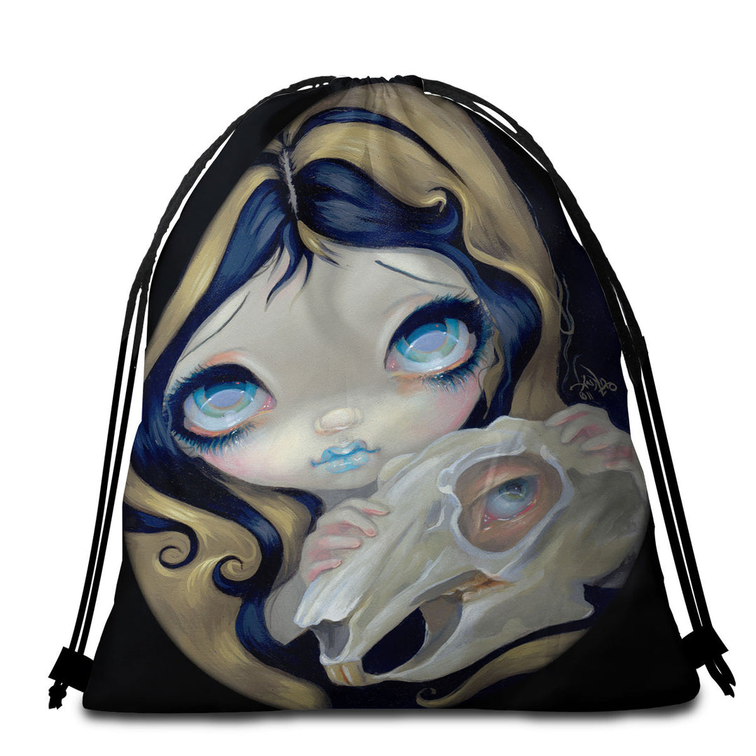 Dark Beach Towel Bags Gothic Art Girl Alice White Rabbit Resurrected