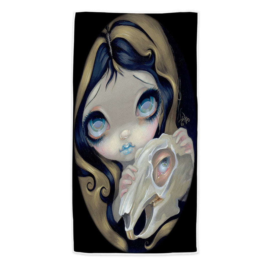 Dark Beach Towels with Gothic Art Girl Alice White Rabbit Resurrected