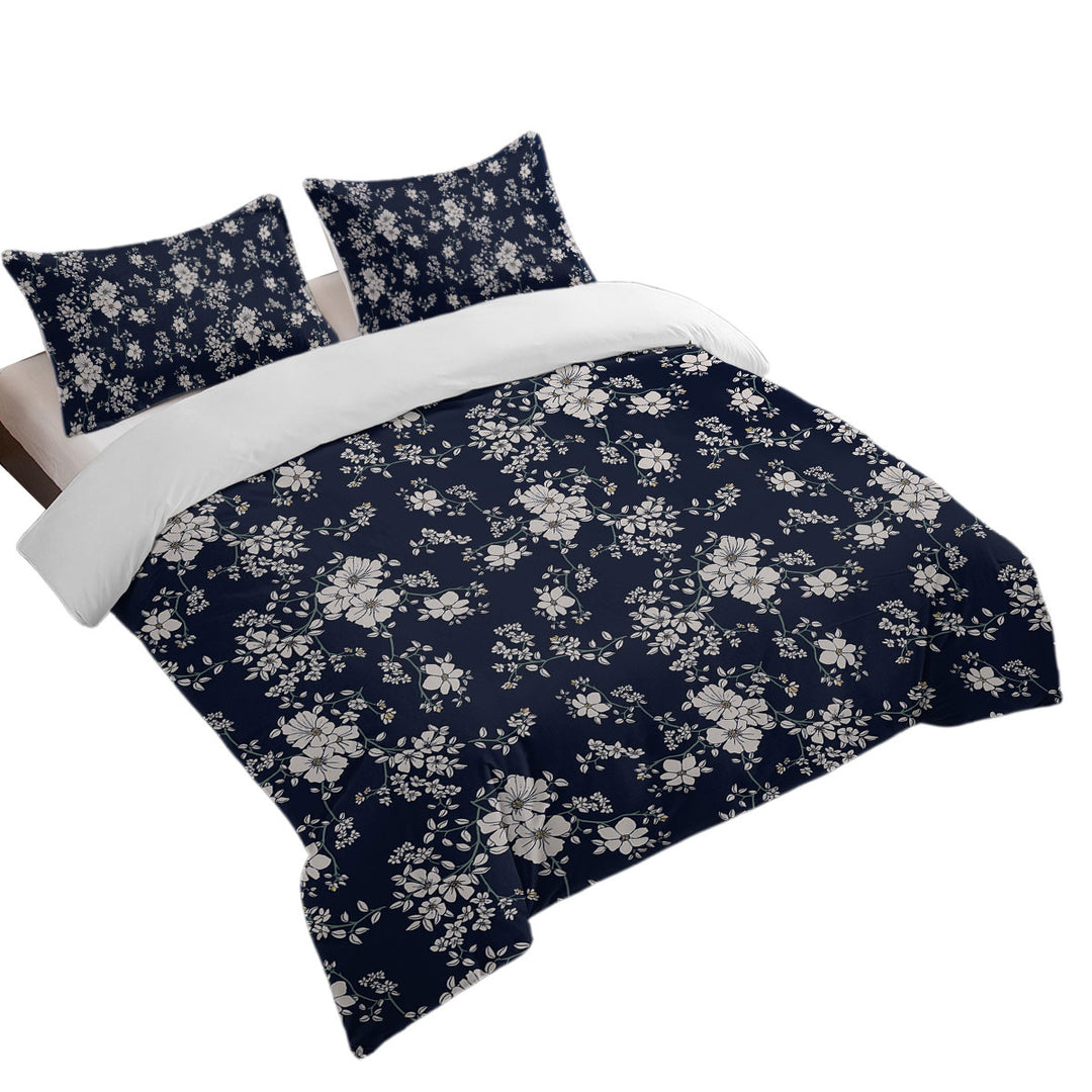 Dark Blue Background for White Floral Twin Duvet Covers