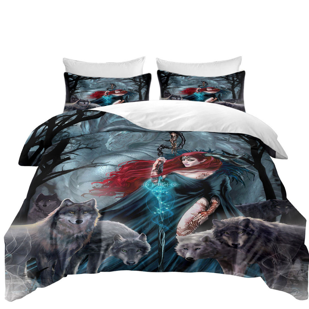 Dark Forest Redhead Witch Dragon and Wolves Coverlet