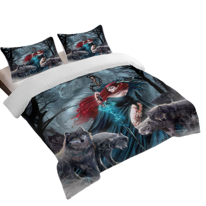 Dark Forest Redhead Witch Dragon and Wolves Good Duvet Covers