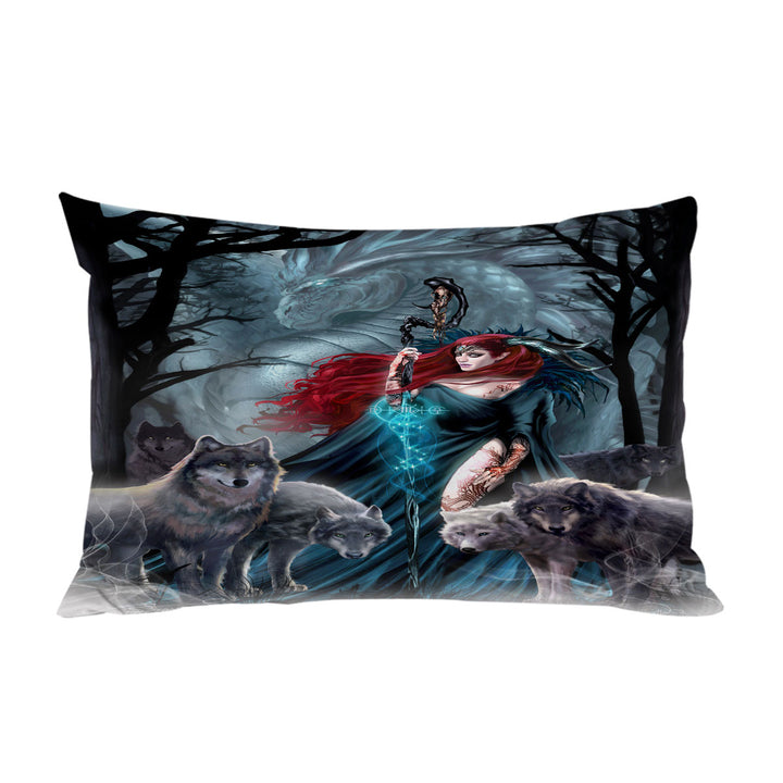 Dark Forest Redhead Witch Dragon and Wolves King Pillow Cases