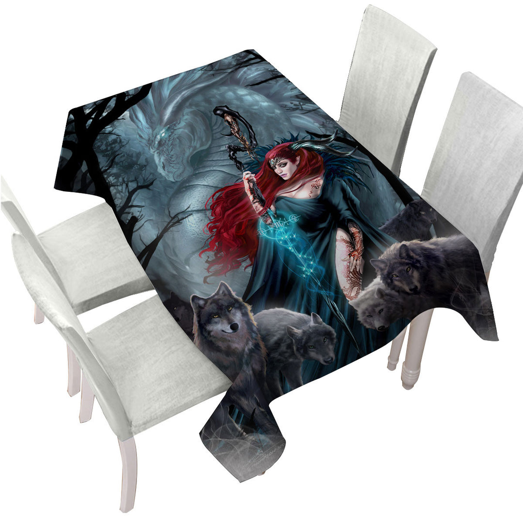 Dark Forest Redhead Witch Dragon and Wolves Tablecloth