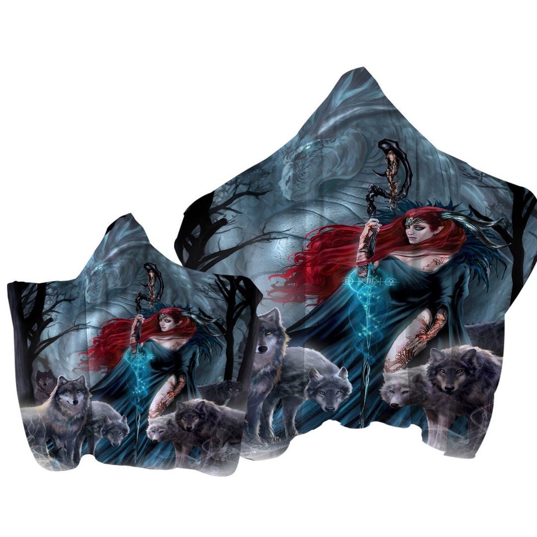 Dark Forest Redhead Witch Dragon and Wolves Towel with Hood