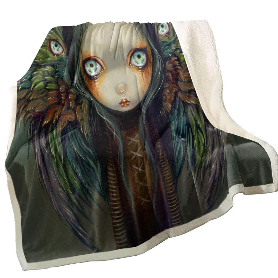 Dark Gothic Art Decorative Blankets the Winged Seer Creepy Winged Girl