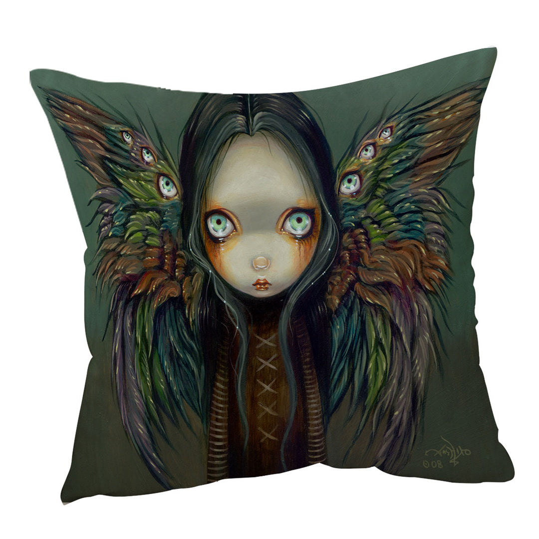 Dark Gothic Art Decorative Cushions the Winged Seer Creepy Winged Girl