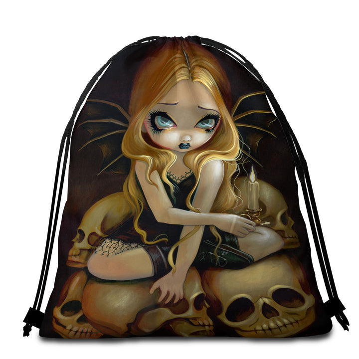 Dark Gothic Beach Towels and Bags Set Art A Candle In The Dark Skulls Fairy