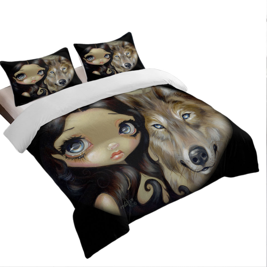 Dark Haired Beautiful Girl and Silver Eyed Wolf Comforter Cover