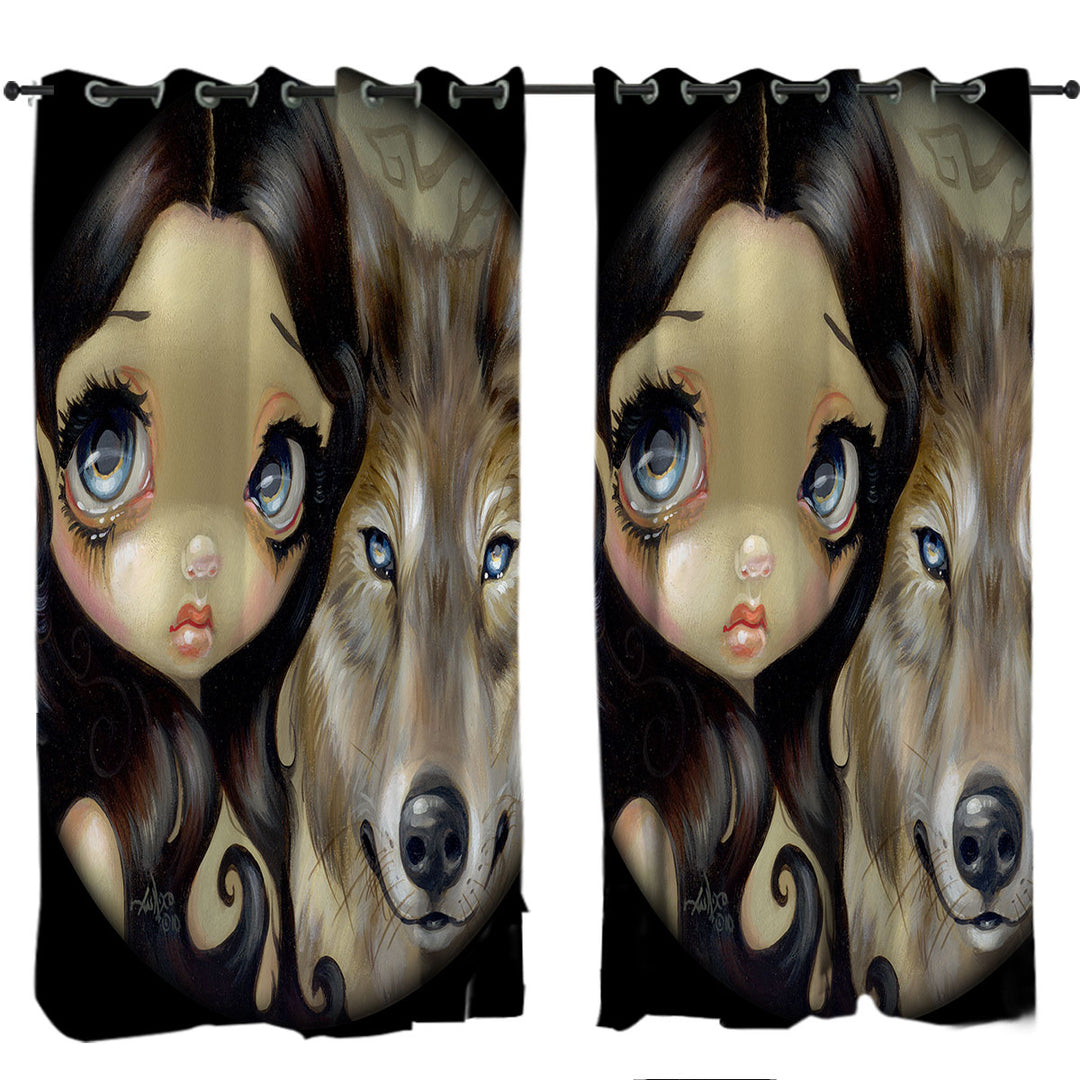 Dark Haired Beautiful Girl and Silver Eyed Wolf Curtain