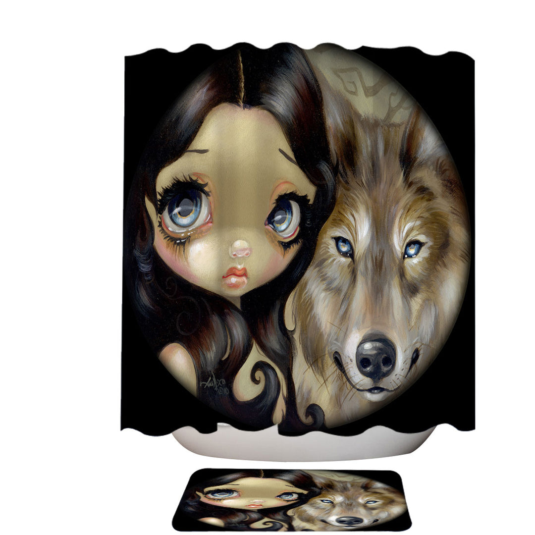 Dark Haired Beautiful Girl and Silver Eyed Wolf Fabric Shower Curtains