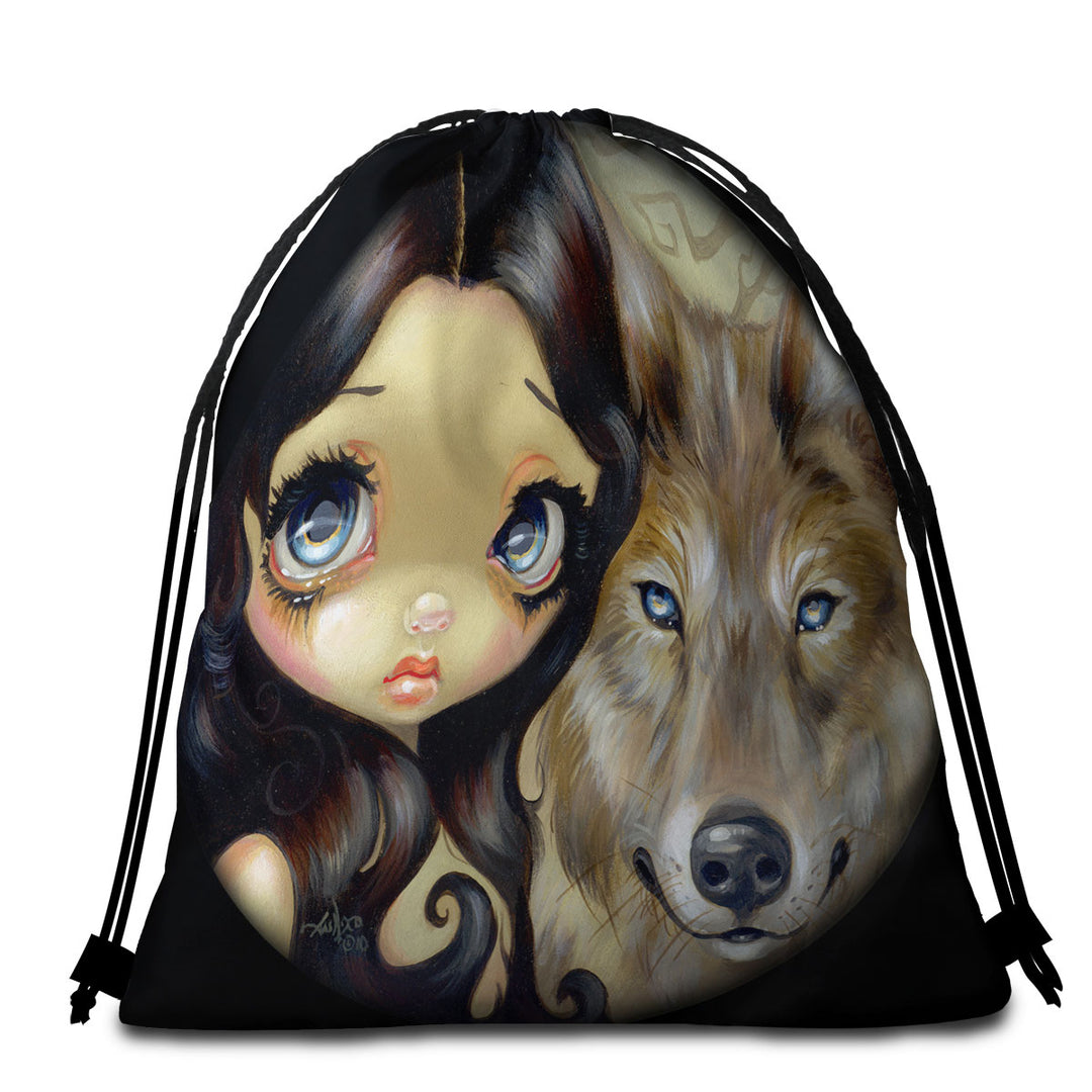 Dark Haired Beautiful Girl and Silver Eyed Wolf Packable Beach Towel