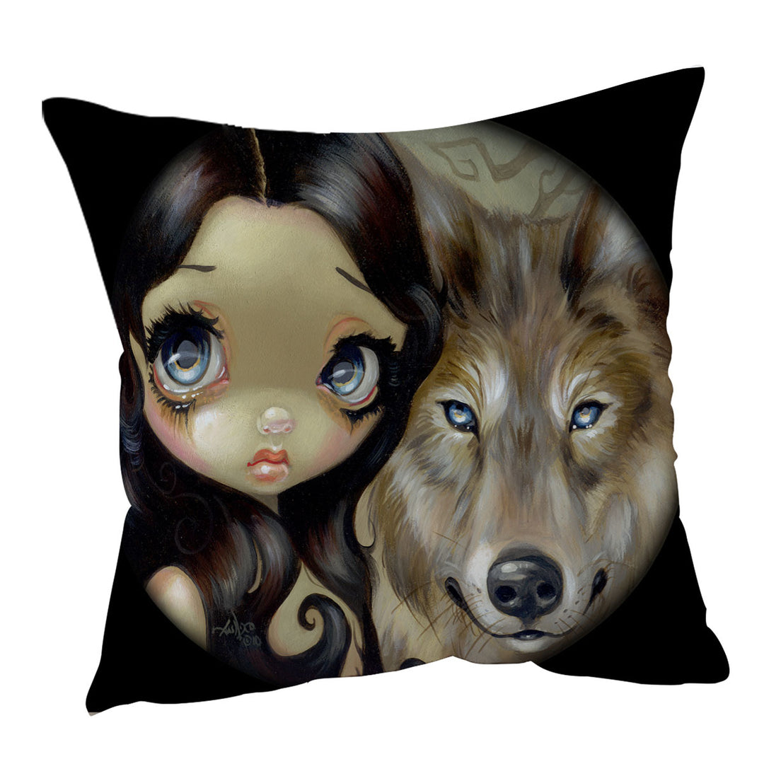 Dark Haired Beautiful Girl and Silver Eyed Wolf Sofa Cushions