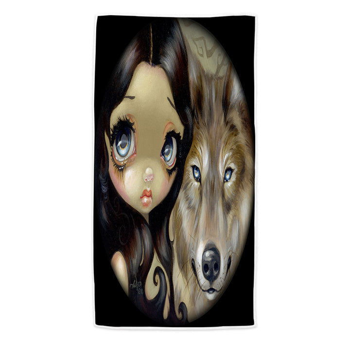 Dark Haired Beautiful Girl and Silver Eyed Wolf Swims Towel