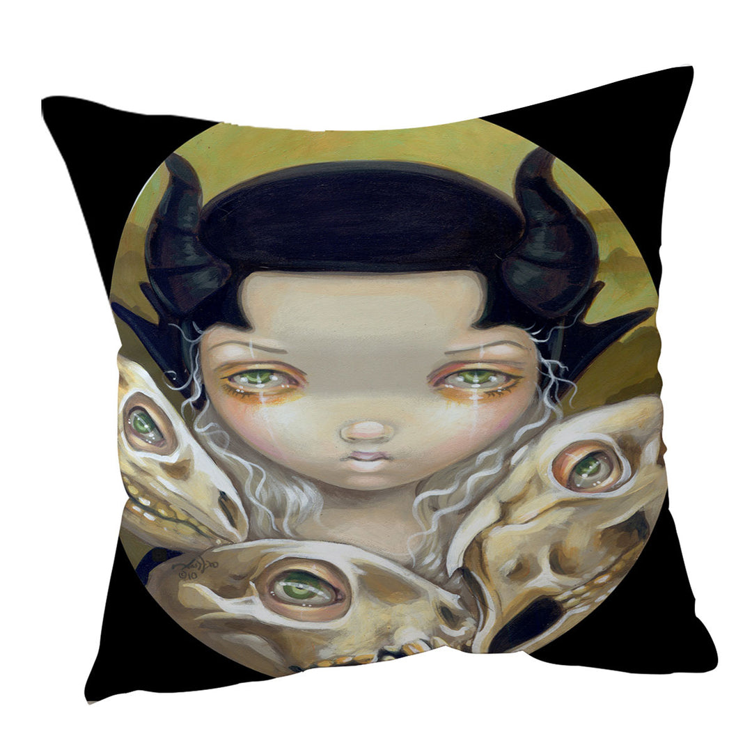 Dark Medieval Art Girl and Skulls Delicate Bones Cushion Cover