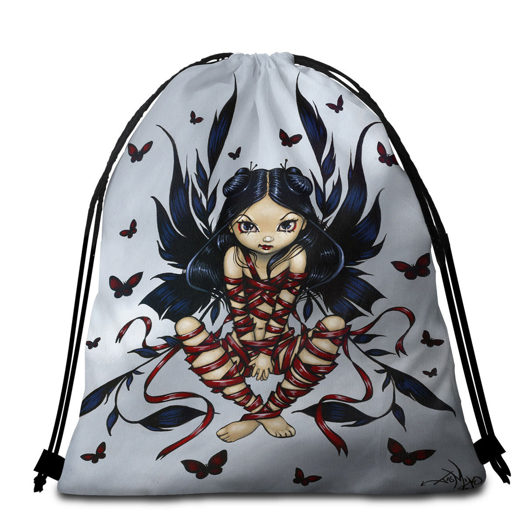 Dark Ribbon Fairy Gothic Fairy and Butterflies Beach Towel