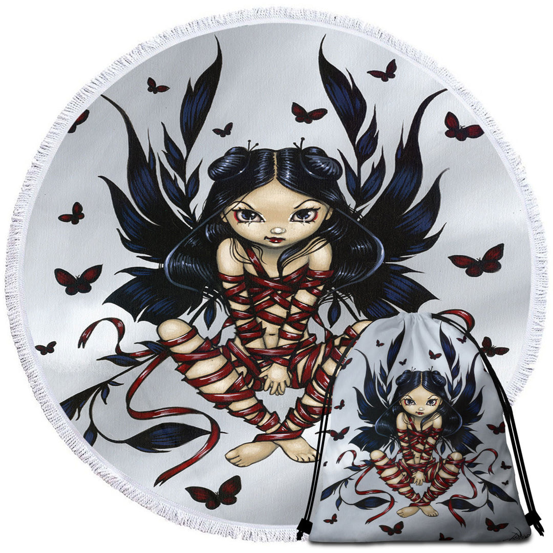 Dark Ribbon Fairy Gothic Fairy and Butterflies Round Beach Towel