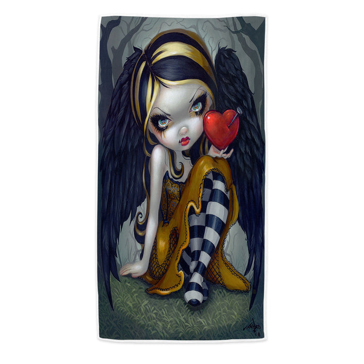 Dark Valentine_s Day Beach Towel Art Heart of Nails Raven Angel