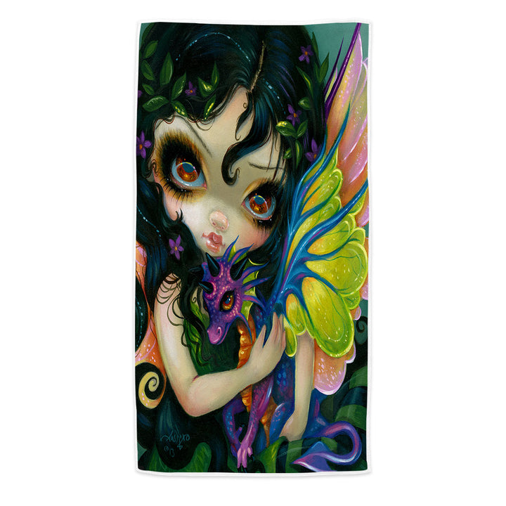 Darling Dragonling Beach Towel Fairy and Purple Cute Dragon