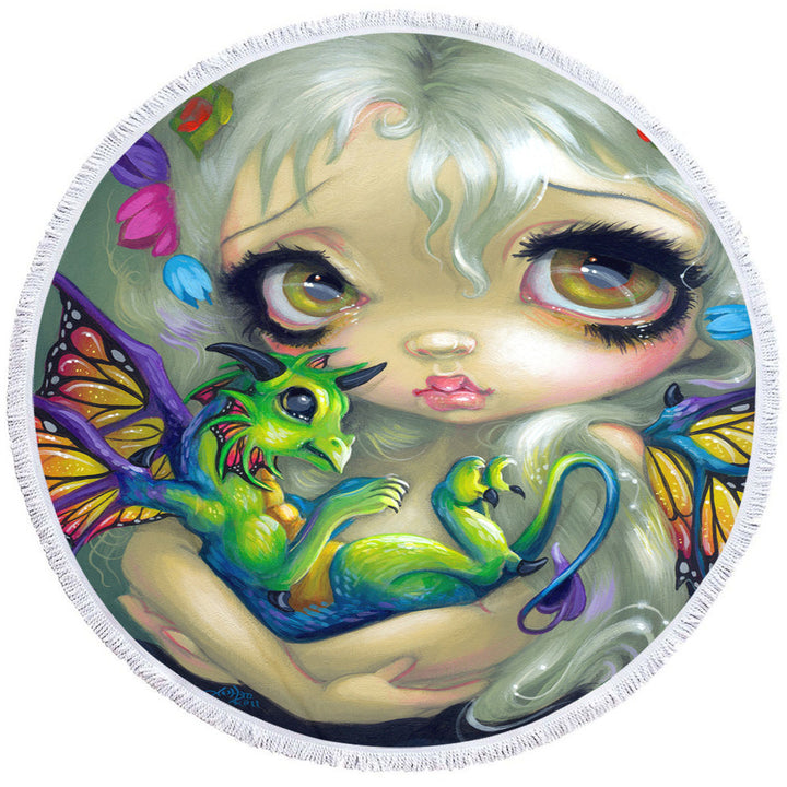 Darling Dragonling Fairy and Green Baby Dragon Beach Towel