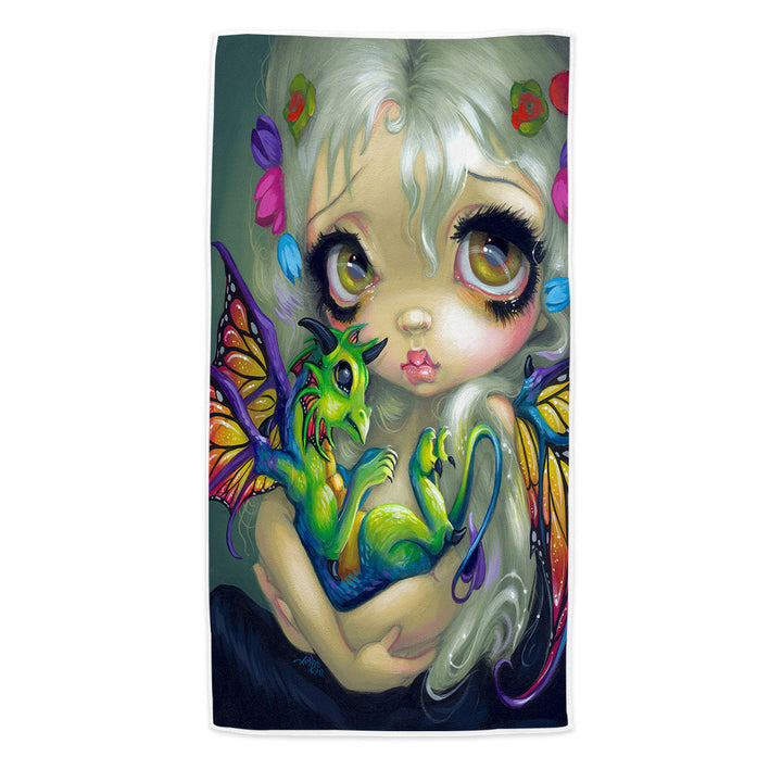 Darling Dragonling Fairy and Green Baby Dragon Beach Towels