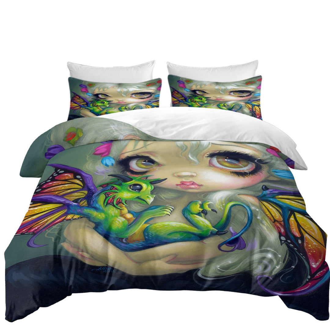 Darling Dragonling Fairy and Green Baby Dragon Best Duvet Covers