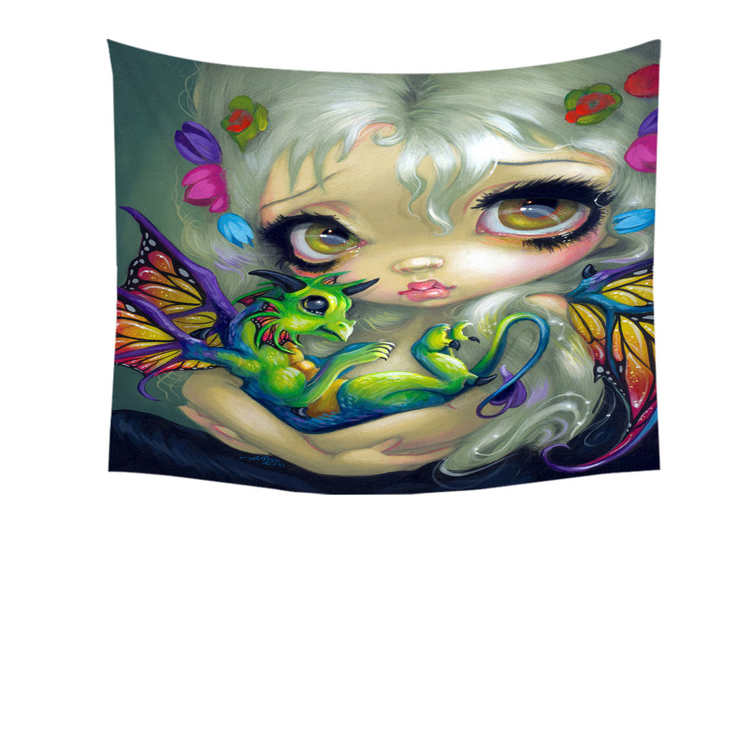 Darling Dragonling Fairy and Green Baby Dragon Wall Decor Tapestry