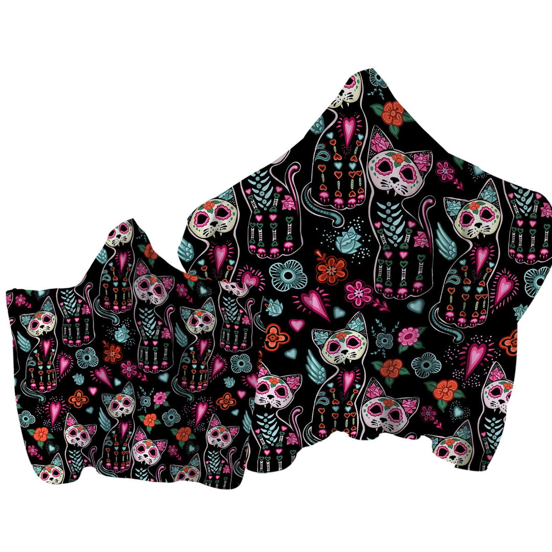 Day of the Dead Cats Hooded Beach Towel