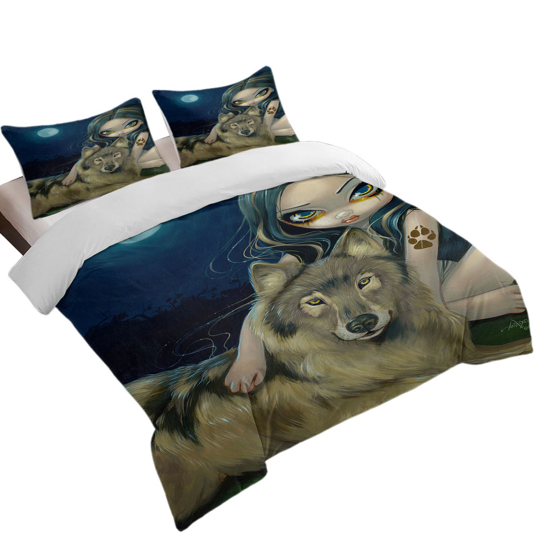 Daybed Covers Sets with Wolf Moon Beautiful Girl Sitting with Her Wolf