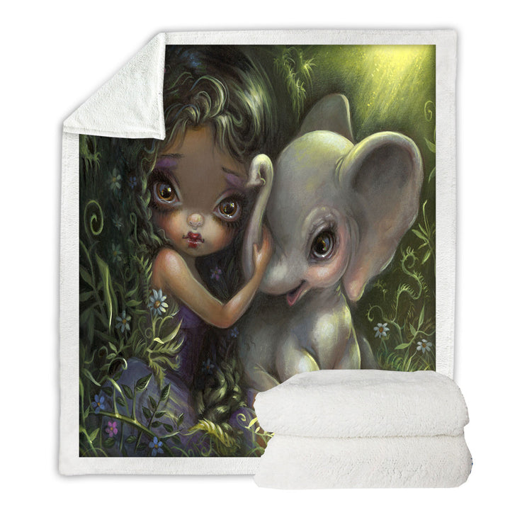 Decorative Throws with Cute Art Big Eyed Maiden with Elephant Friend