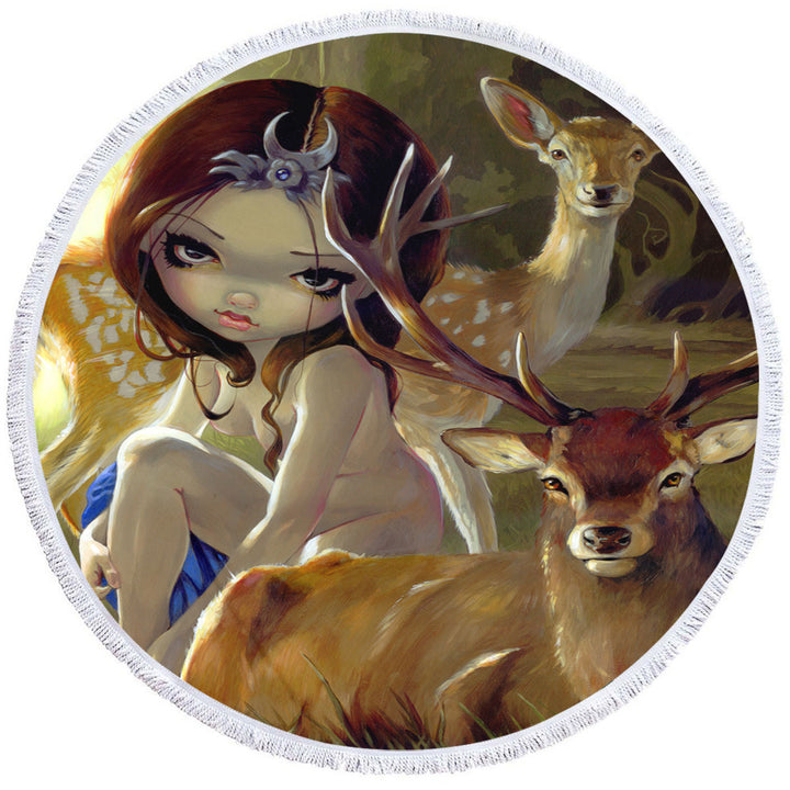 Diana in the Forest Artemis Goddess and Deer Best Beach Towels