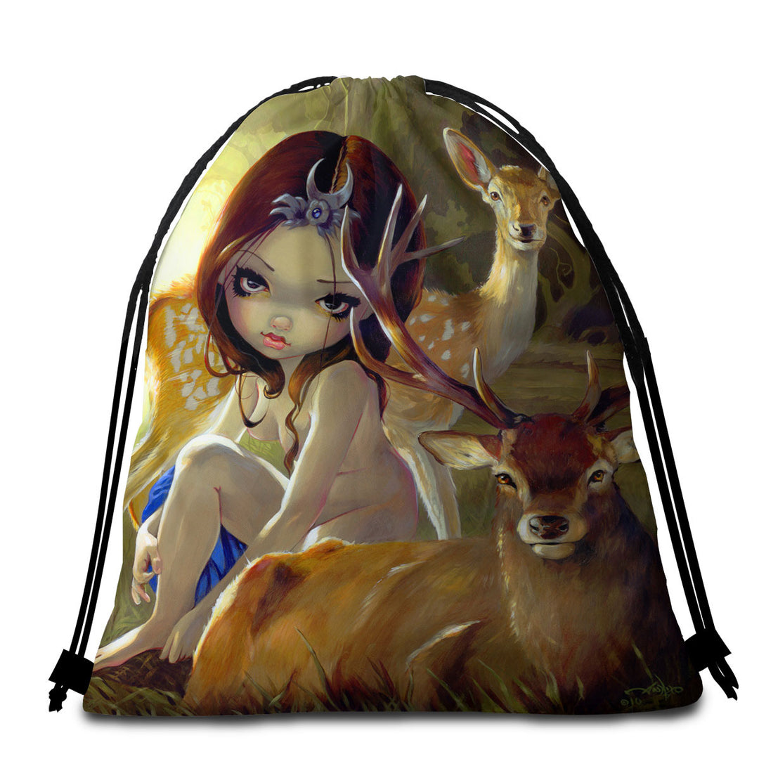 Diana in the Forest Artemis Goddess and Deer Lightweight Beach Towel