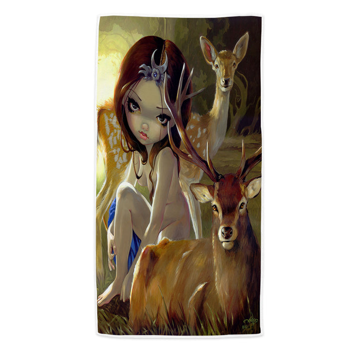 Diana in the Forest Artemis Goddess and Deer Microfibre Beach Towels