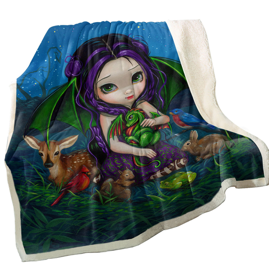 Dragonling Sherpa Blanket Garden Cute Fairy with Animal Friends