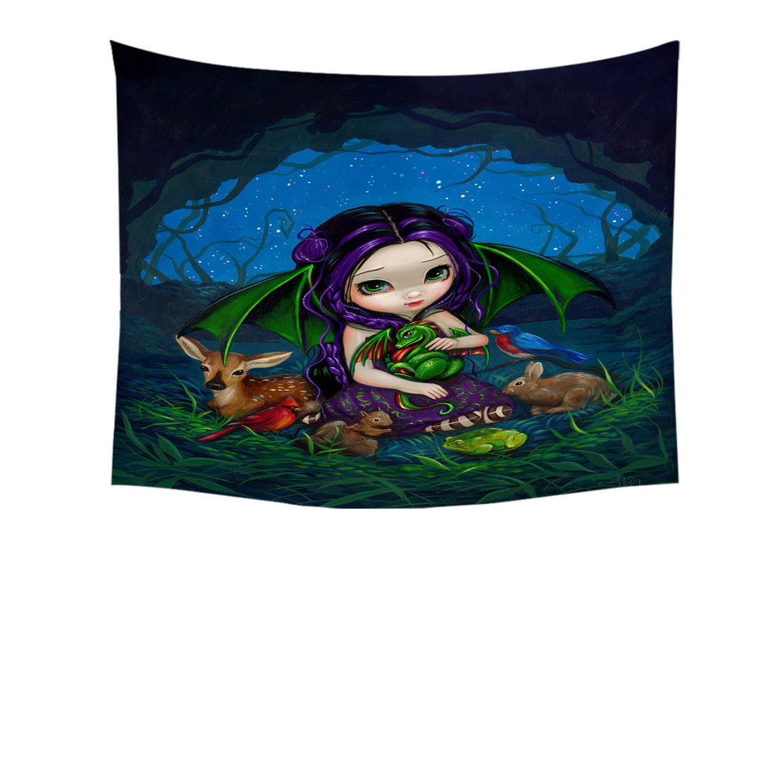 Dragonling Tapestry Garden Cute Fairy with Animal Friends Wall Decor