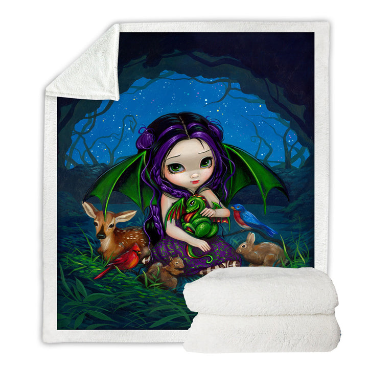 Dragonling Throw Blanket Garden Cute Fairy with Animal Friends