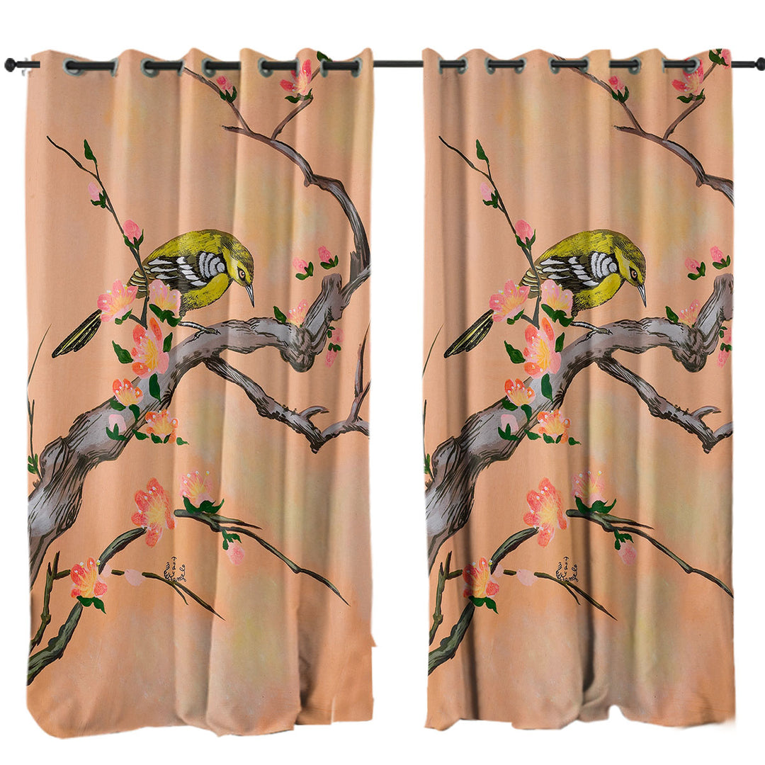 Drapery with Japanese Art Painting Bird in Cherry Tree