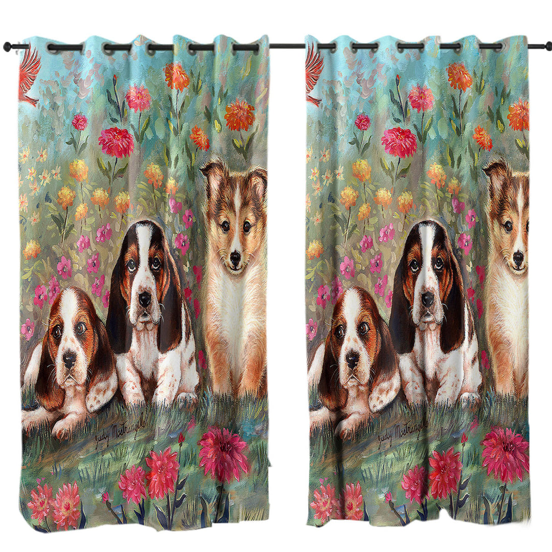 Drapes and Curtains with Art Painting Cute Dog Puppies and Flowers