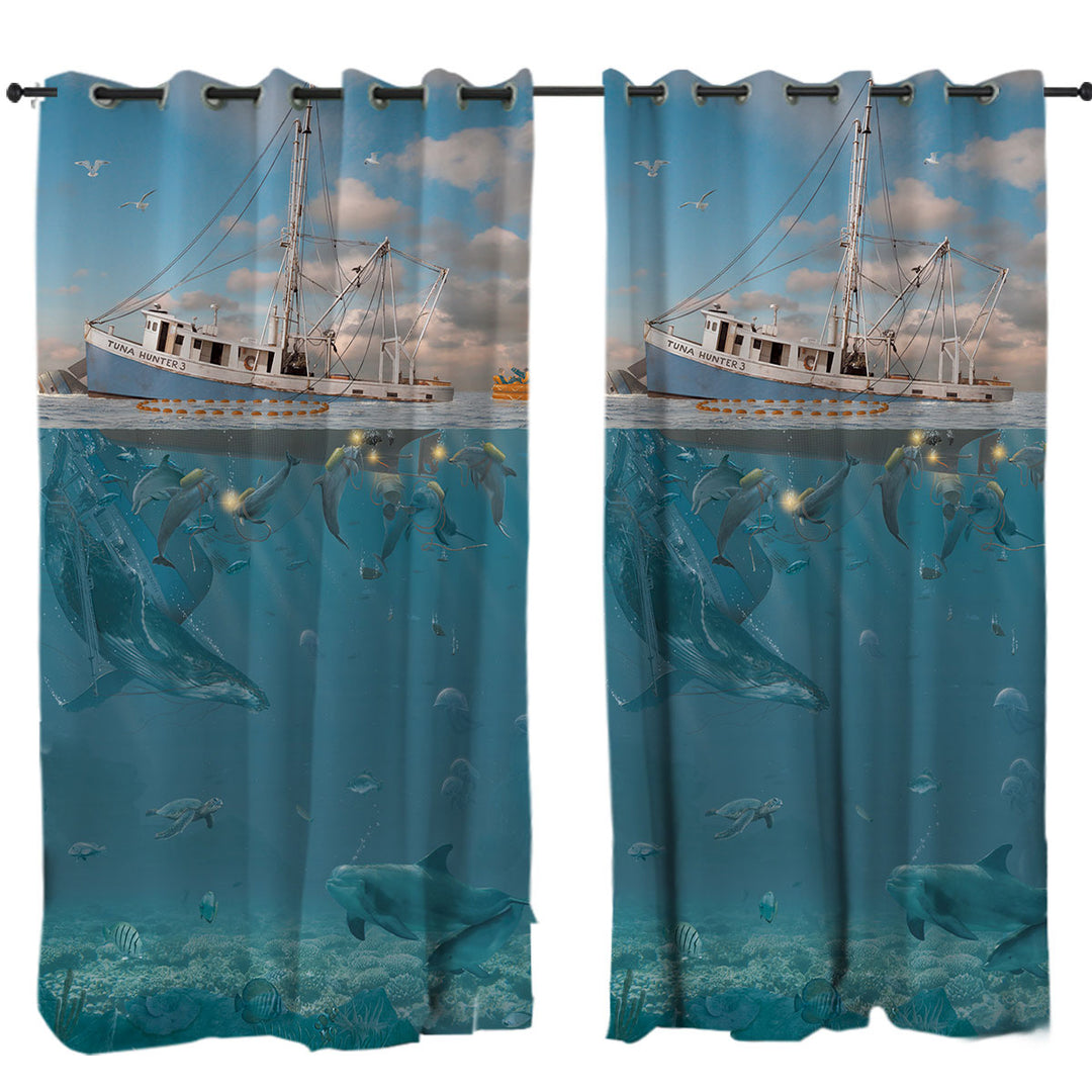 Drapes and Curtains with Cool Fiction Ocean Art Rage of the Dolphin