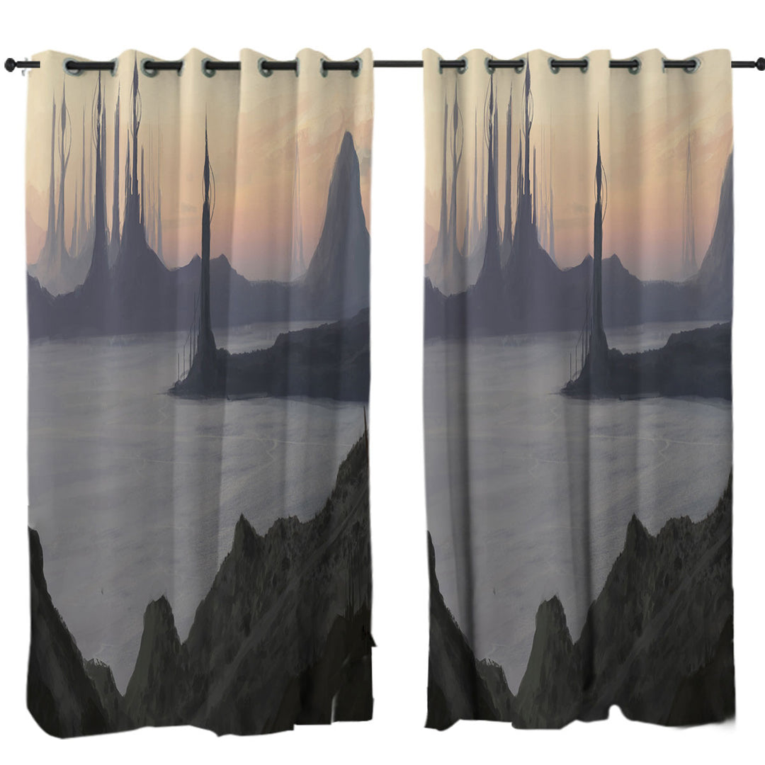 Drapes and Curtains with Distant Lands Fantasy Artwork